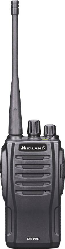 Walkie-Talkie mit Antenne und Knöpfen, Modell Midland G10 Pro, in schwarzer Farbe. Gerät zur drahtlosen Kommunikation.