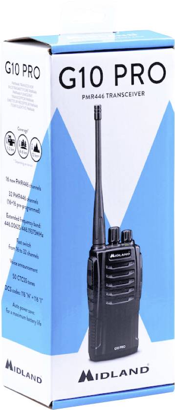 'Midland G10 PRO PMR446 Transceiver' Verpackung mit Bild eines Funkgeräts, blauer Aufschrift und technischen Details auf der Seite.