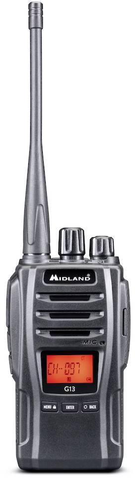 Ein Handfunkgerät mit Antenne und Display, das die Frequenz 'CH-09' anzeigt. Markenname oben, zwei Drehknöpfe zur Steuerung.