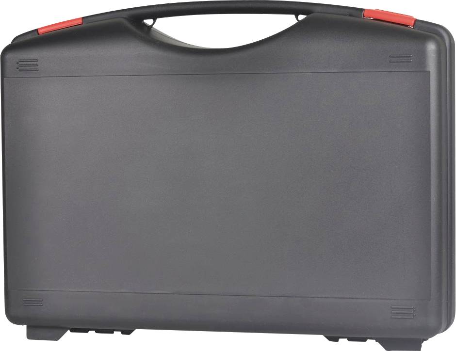 Schwarzer Werkzeugkoffer mit rotem Verschluss, geschlossen.