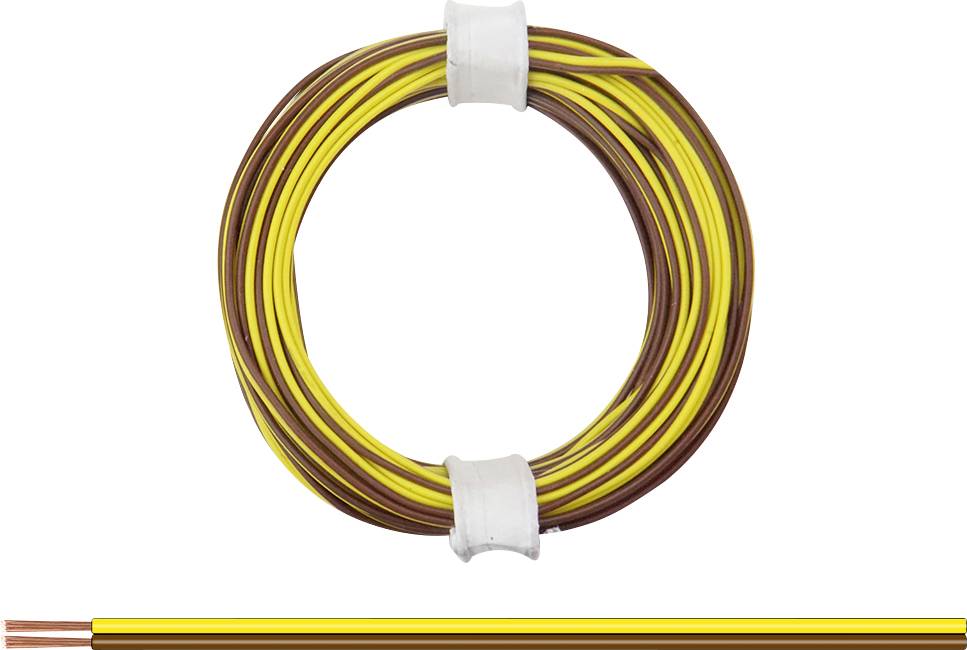 Gelbe und braune isolierte Elektrokabel, aufgerollt und mit zwei weißen Klebebändern fixiert.