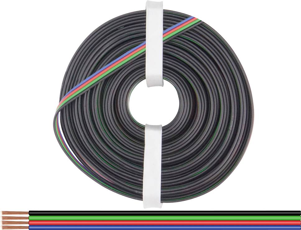 Eine Rolle mit mehradrigem Kabel in Schwarz, jeder Draht ist farbcodiert: rot, grün, blau und weiß.