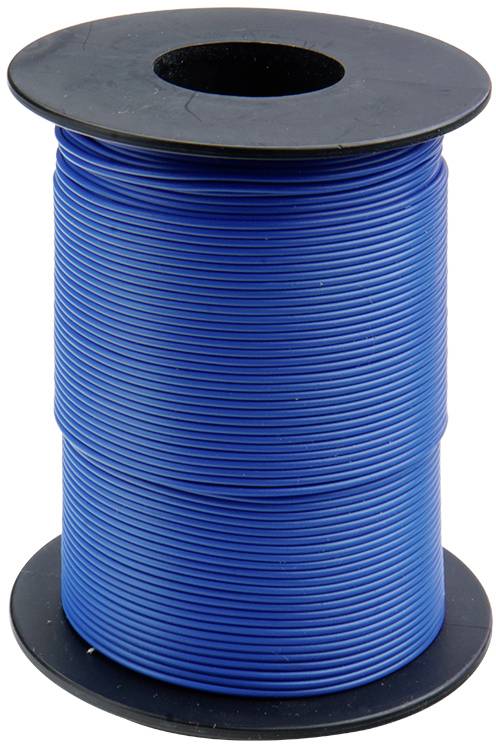 Eine große Spule mit aufgewickeltem, blauem Draht zwischen zwei schwarzen Scheiben, die als Halterung dienen.