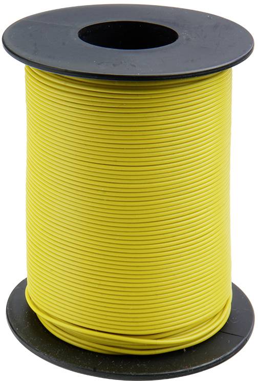 Eine große Rolle gelbes Kabel ist aufrecht positioniert, das Kabel ist dicht aufgewickelt auf einer schwarzen Kunststoffspule.