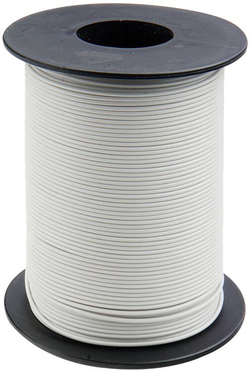 Eine große Rolle mit weißem rundem Kabel, das eng aufgewickelt ist.