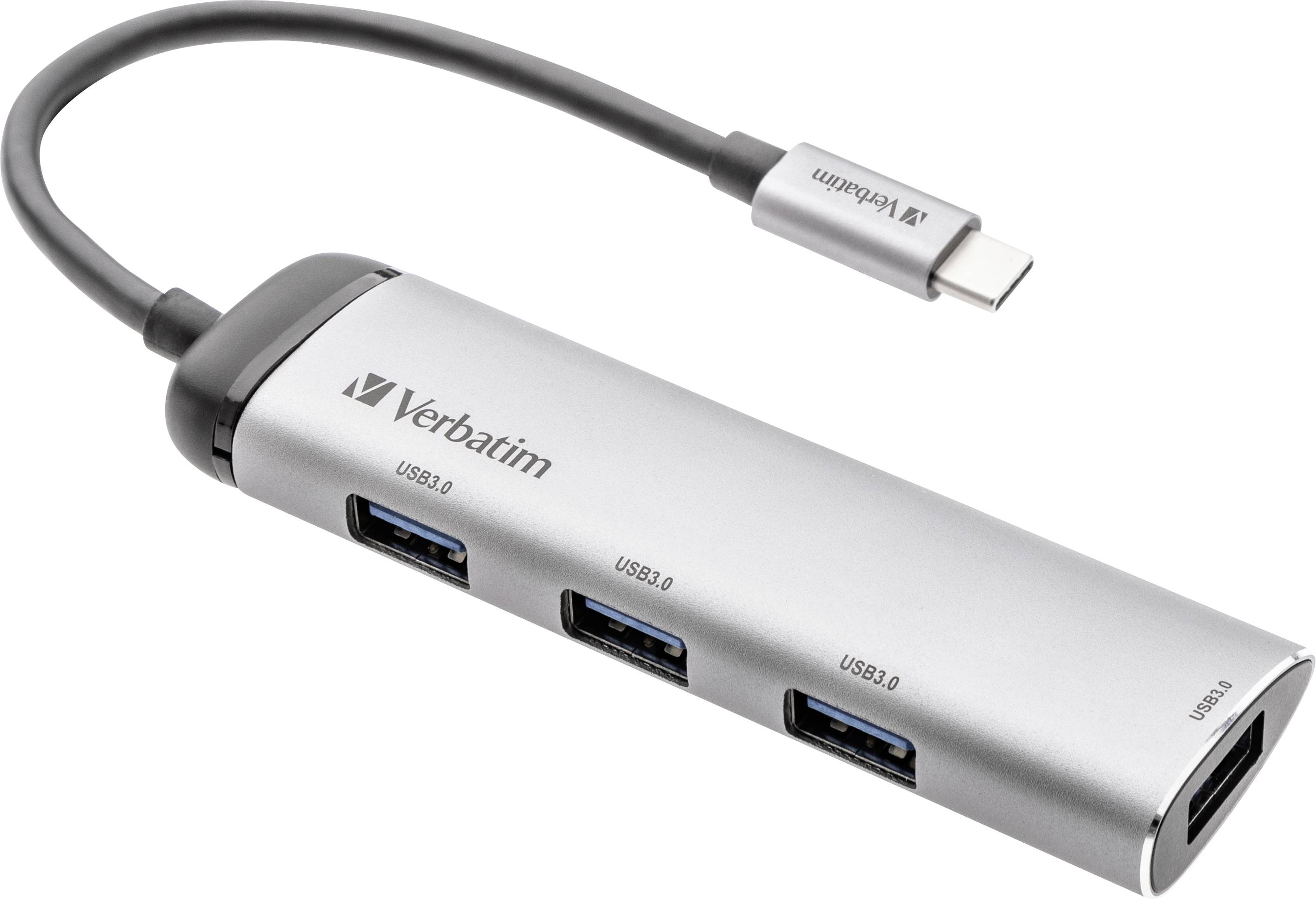 'Verbatim' USB-C-Hub in silberner Farbe mit drei USB 3.0-Anschlüssen und einem HDMI-Anschluss, verbunden mit einem kurzes Kabel.