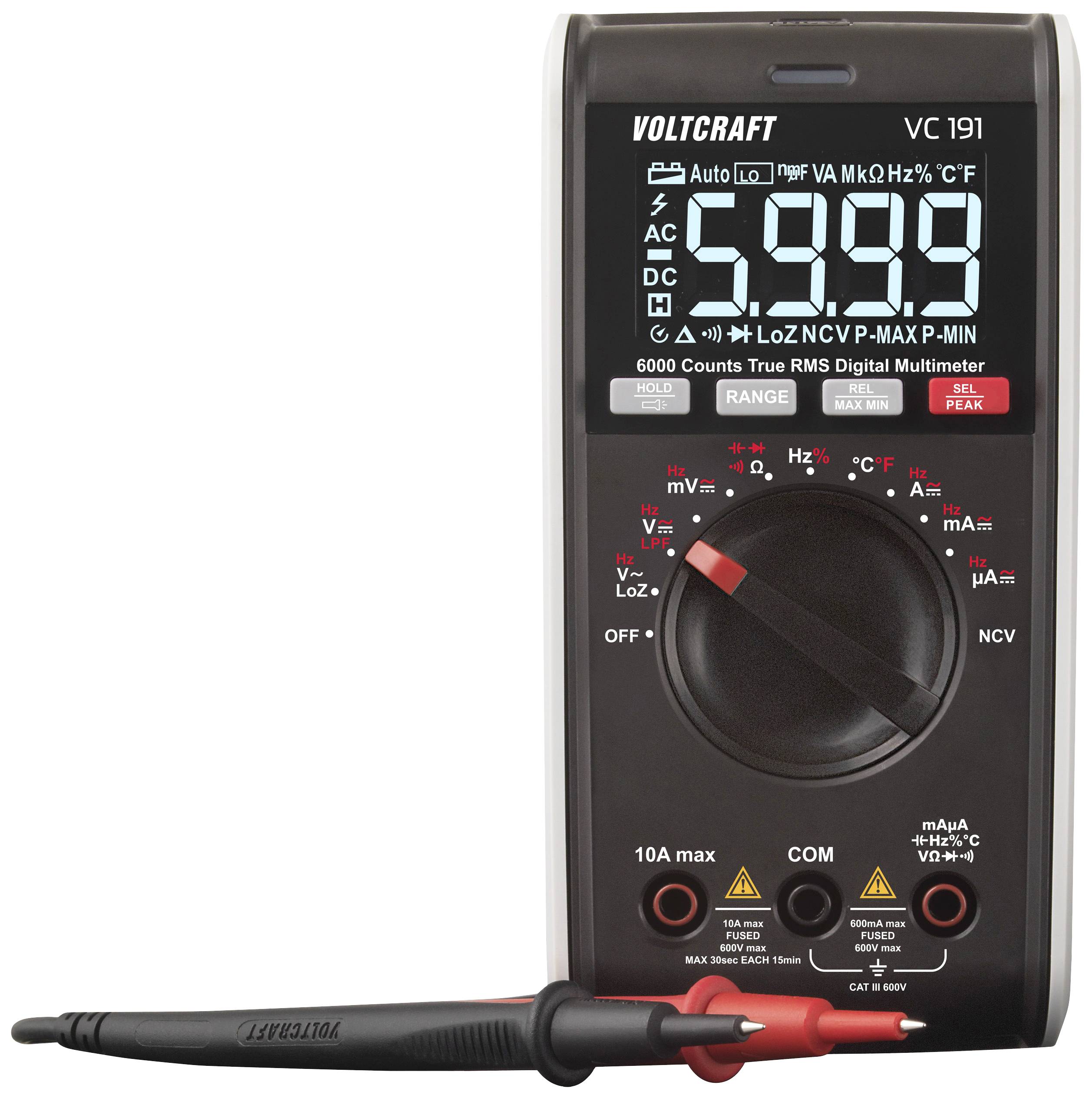 Digitalmultimeter 'Voltcraft VC191' mit LCD-Anzeige zeigt 5999 an. Funktionen umfassen Spannung, Strom, Widerstand, Temperatur.
