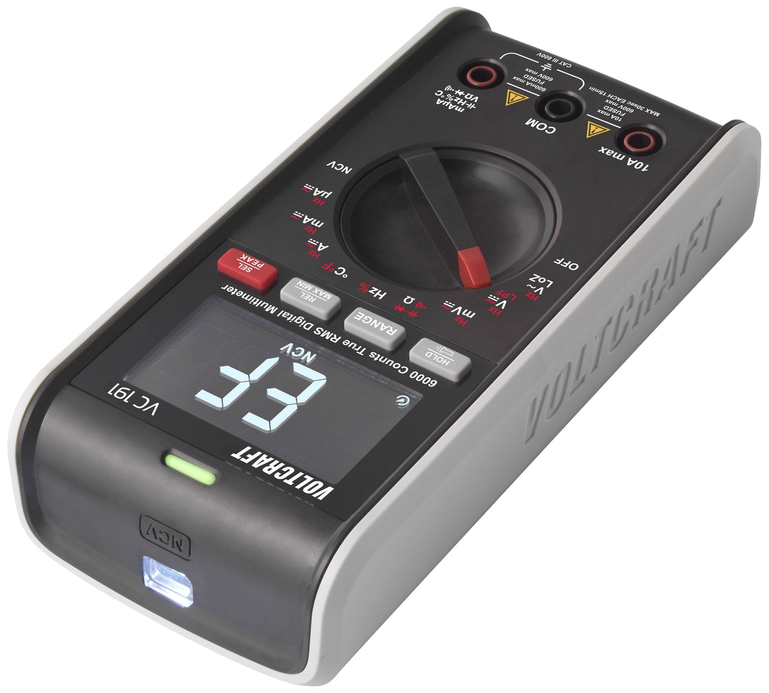 Digitalmultimeter zeigt Wert '33' an. Schalter auf 'V~' eingestellt, um Wechselspannung zu messen. LEDs und Symbole sind sichtbar.