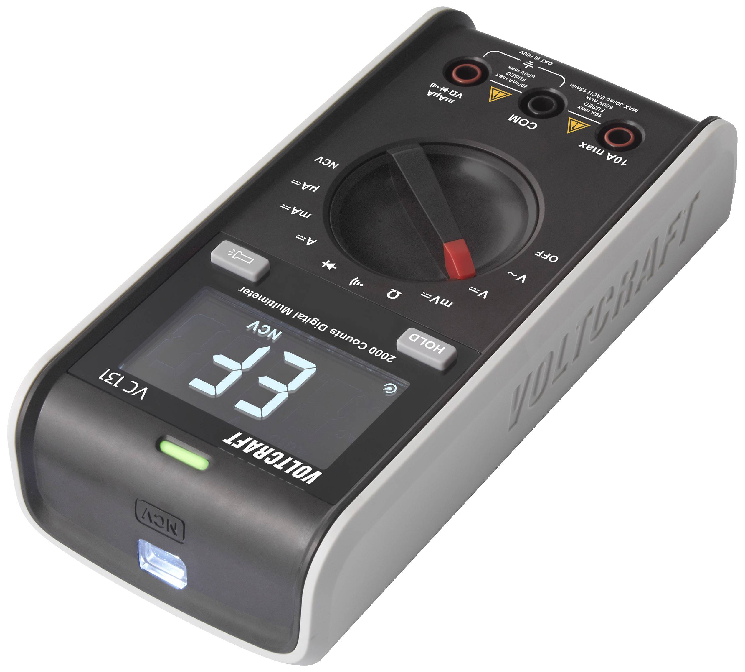 Digitales Voltmeter der Marke Voltcraft mit großem Display, das '33' anzeigt. Einstellrad zur Auswahl verschiedener Messfunktionen sichtbar.