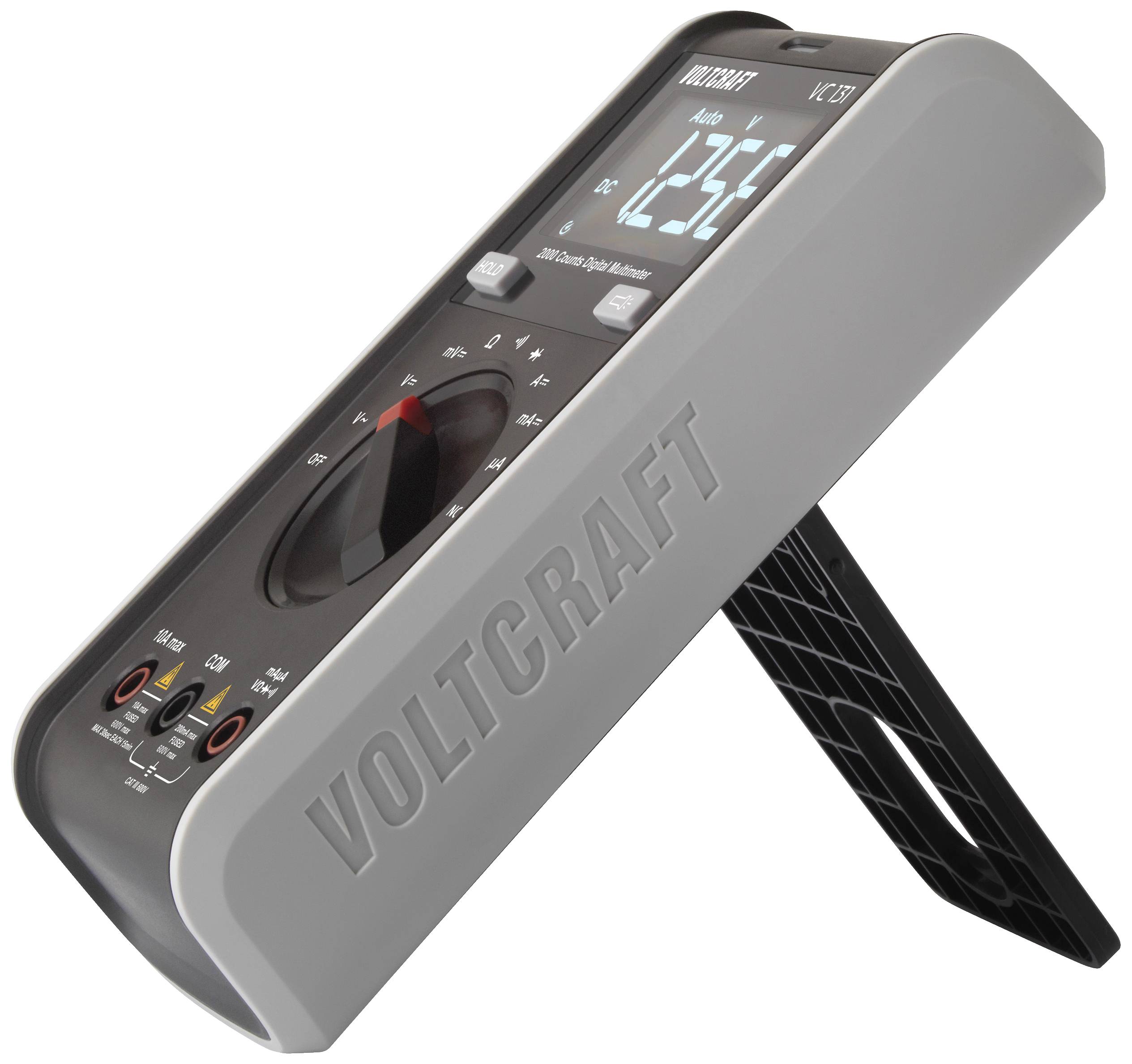 Ein digitales Multimeter, leicht geneigt, zeigt einen Spannungswert von 12,3 V. Markenname 'Voltcraft' sichtbar an der Seite.