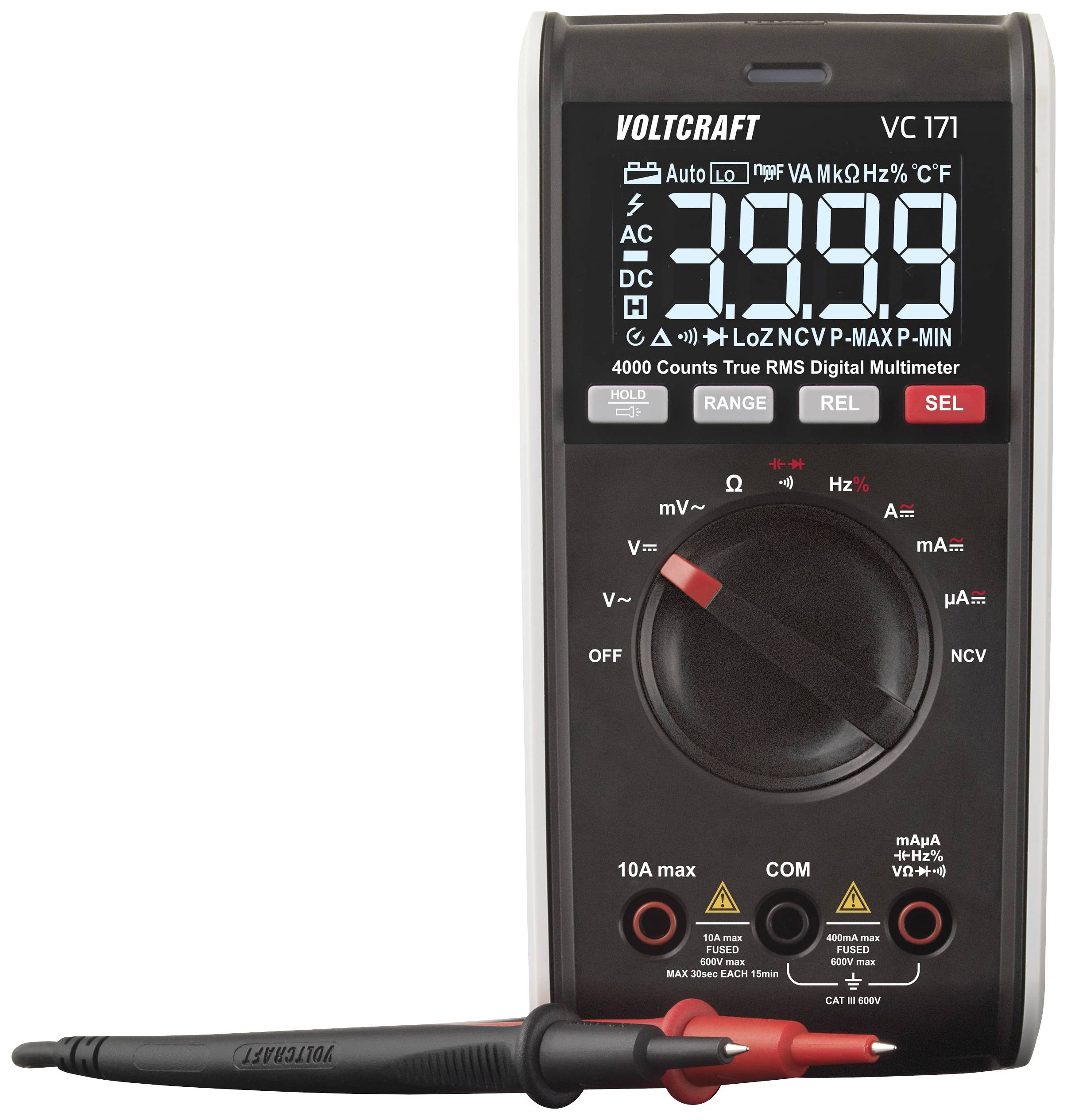 Digitales Multimeter mit LCD-Display, zeigt 3999 an. Funktionstasten für Messbereich, Spannung, Strom, Widerstand. Markiert als Voltcraft VC 171.