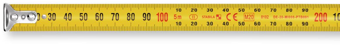 Gelbes Maßband mit schwarzer Skala in Zentimetern; markiert bis 200 cm. Rote Markierung bei 100 cm.