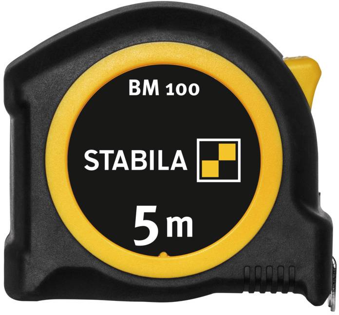 Ein schwarzes und gelbes Maßband mit der Aufschrift 'BM 100', 'STABILA', und '5 m'.