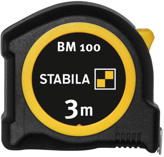 Schwarzes und gelbes Maßband der Marke Stabila mit der Aufschrift 'BM 100' und '3 m'.