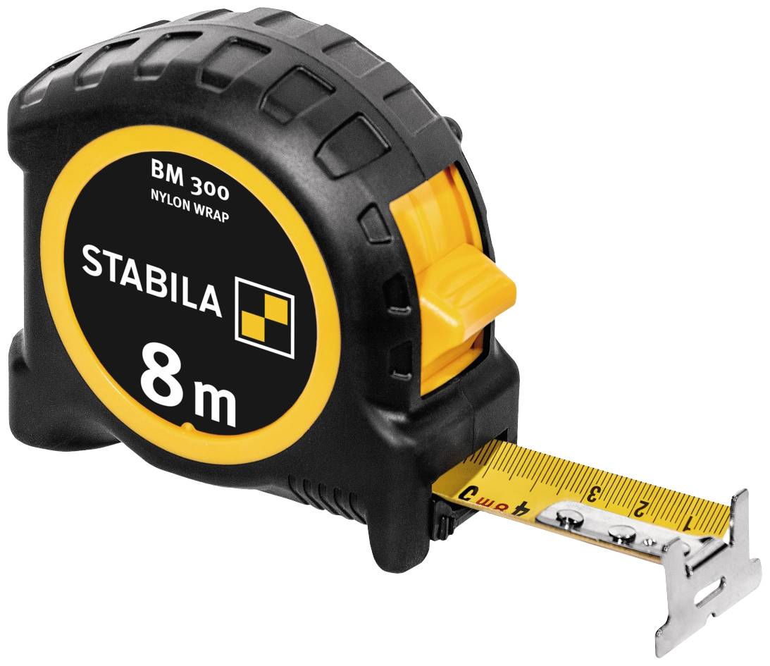 Ein schwarzes Maßband mit gelbem Band, Länge 8 m, Markenname 'Stabila'. Ideal zum Messen von Längen bis zu 8 Metern.