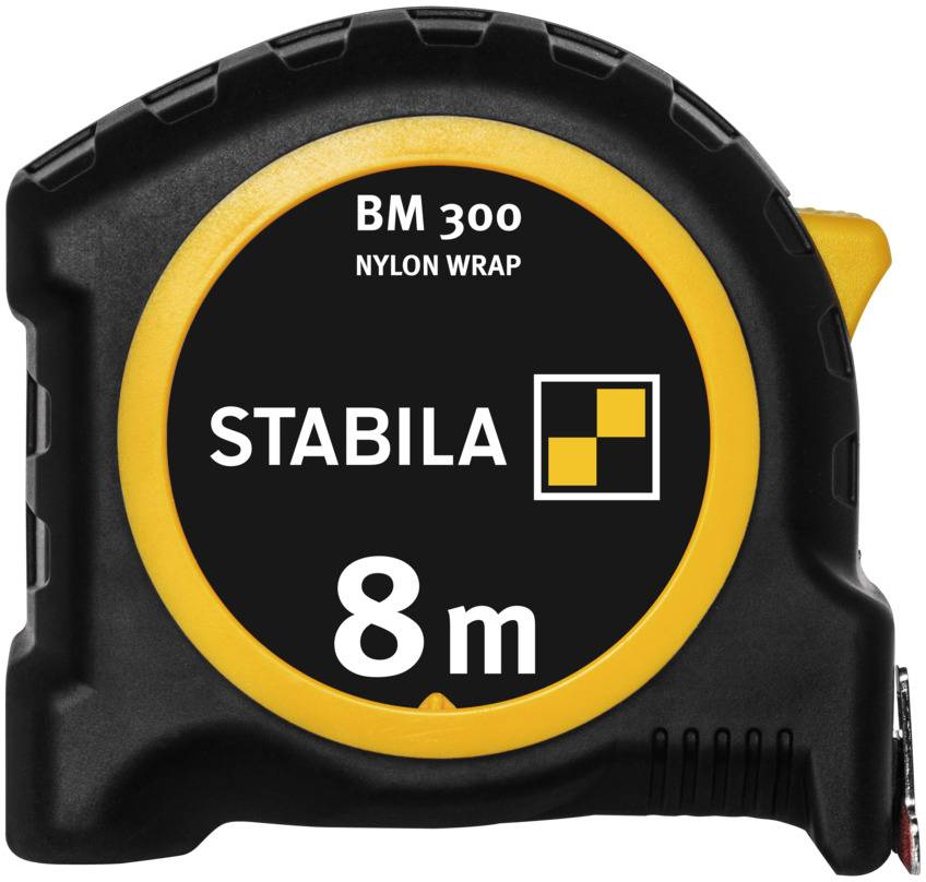 Ein Maßband mit der Aufschrift 'Stabila BM 300 Nylon Wrap 8 m', in Schwarz und Gelb.