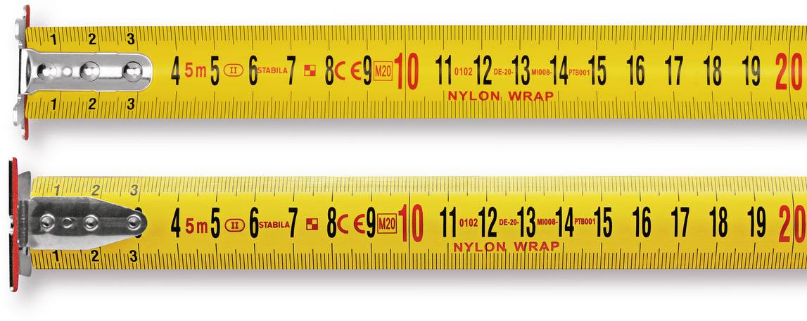 Zwei gelbe Maßbänder, jeweils mit Markierungen in Zentimetern und Millimetern. Das obere Band zeigt Längen bis 20 cm, das untere bis 19 cm.