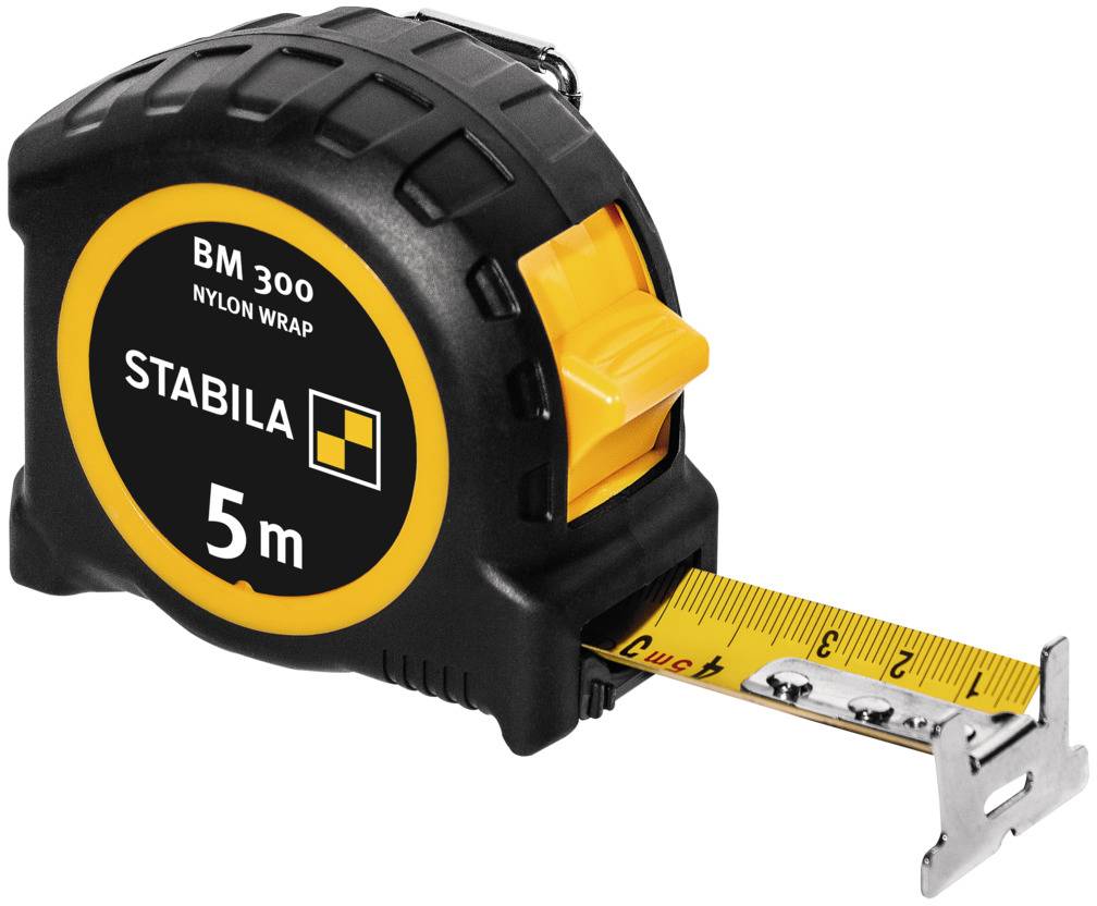 Schwarzes und gelbes Maßband, 5 Meter Länge, mit 'STABILA' Beschriftung, ausgefahren auf 4 cm.