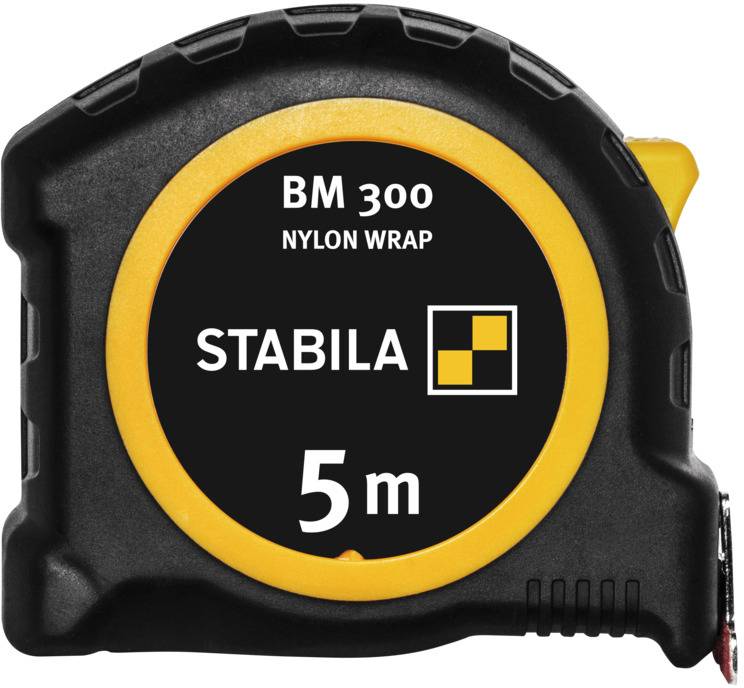 Schwarz-gelbes Maßband mit der Aufschrift 'STABILA BM 300 NYLON WRAP, 5 m'.