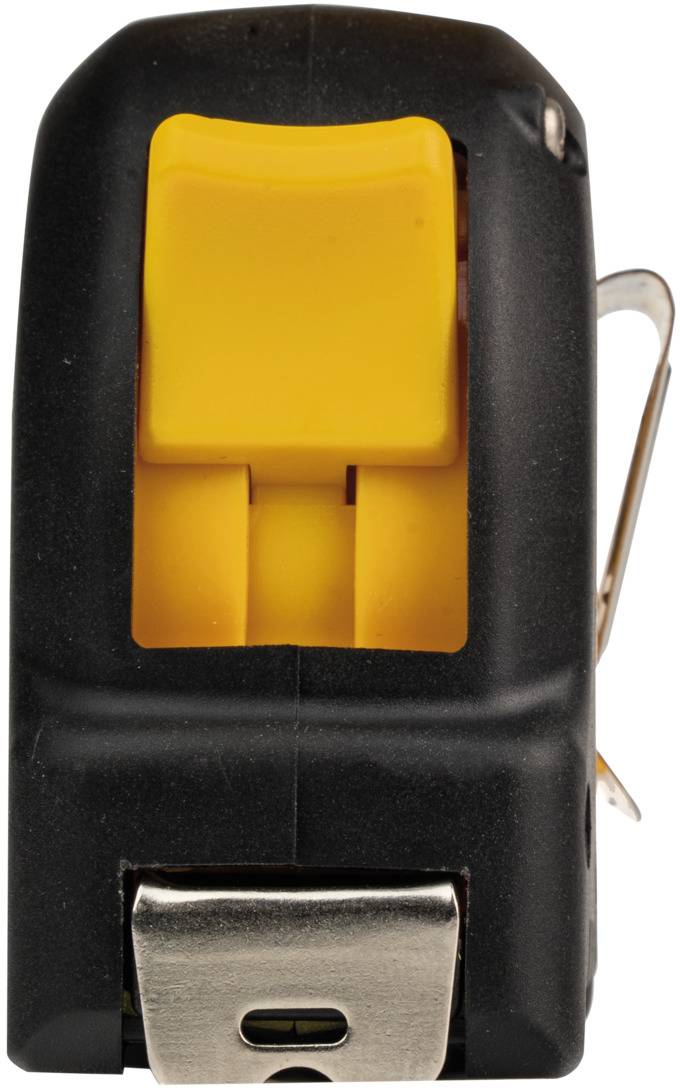 Ein schwarzes Maßband mit gelber Taste und Metallclip, frontal abgebildet.