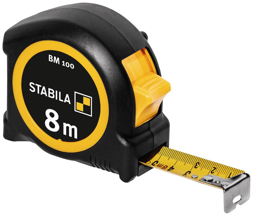 Ein schwarzes Stabila-Bandmaß, ausgezogen auf 8 Meter, mit gelber Markierung und orangem Knopf, liegt auf weißem Hintergrund.