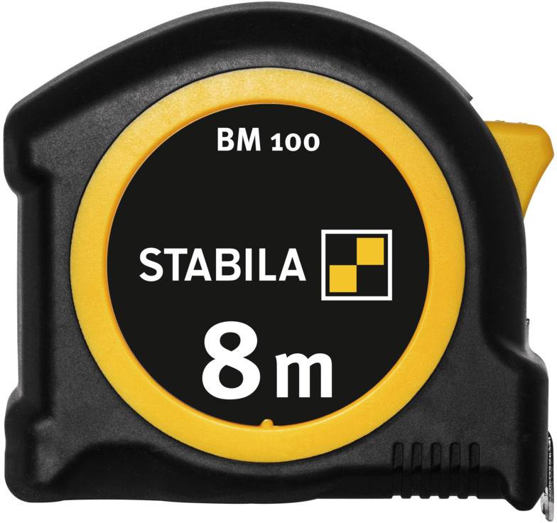 Ein Maßband mit der Aufschrift 'STABILA BM 100 8m'. Es ist schwarz mit einem gelben Ring und zeigt eine Länge von 8 Metern an.