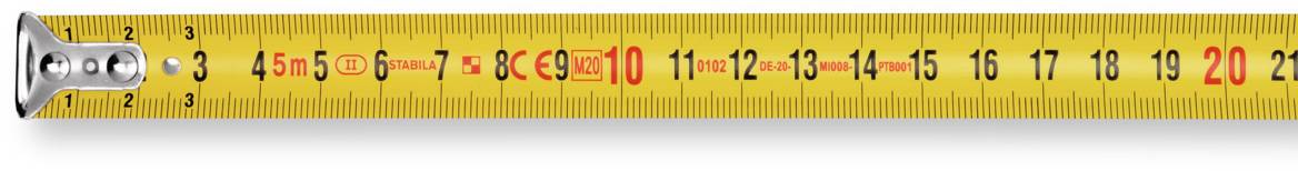 Maßband in Gelb mit schwarzen und roten Markierungen, zeigt Zahlen von 1 bis 20 in Zentimetern an.