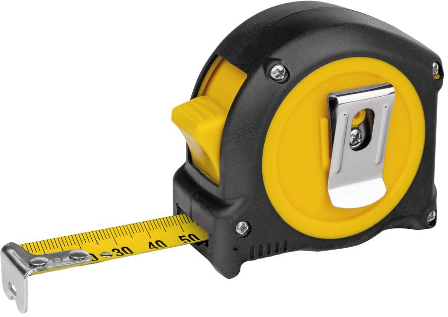 Ein gelbes und schwarzes Maßband, herausgezogen auf 50 Zentimeter, liegt auf einer hellen Oberfläche.