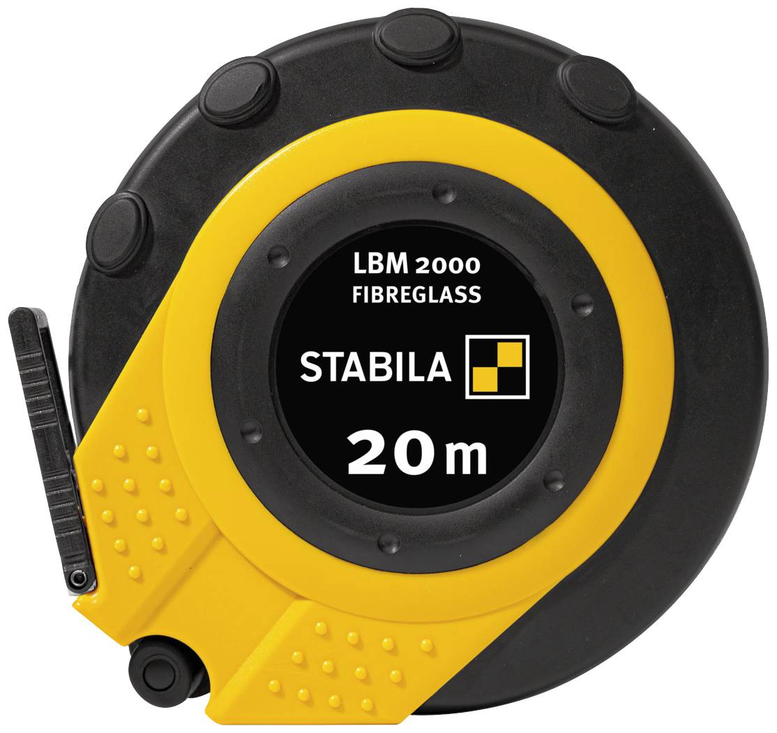 Messband, rund, gelb-schwarz, mit Aufschrift 'LBM 2000 Fibreglass' und 'STABILA 20 m'.