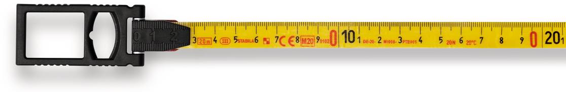 Ein gelbes Maßband mit schwarzem Gehäuse, das bis zu 20 Zentimeter zeigt. Es liegt flach auf einer weißen Oberfläche.