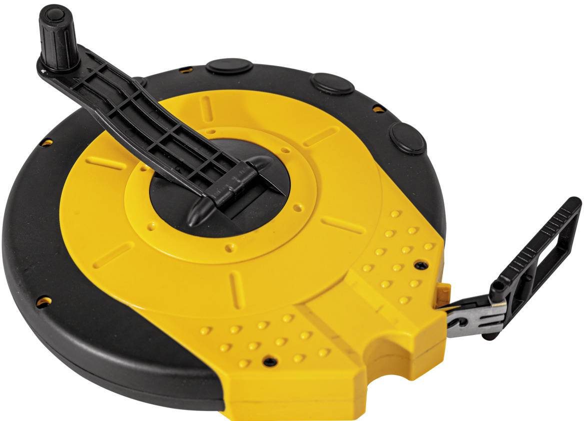 Großes gelbes und schwarzes Maßband mit Kurbelgriff, aufgerollt für präzises Messen in Bauprojekten oder Gärten.