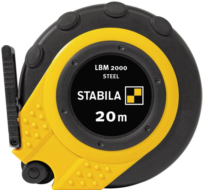 Ein gelbes Maßband mit der Aufschrift 'STABILA 20m LBM 2000 STEEL'.
