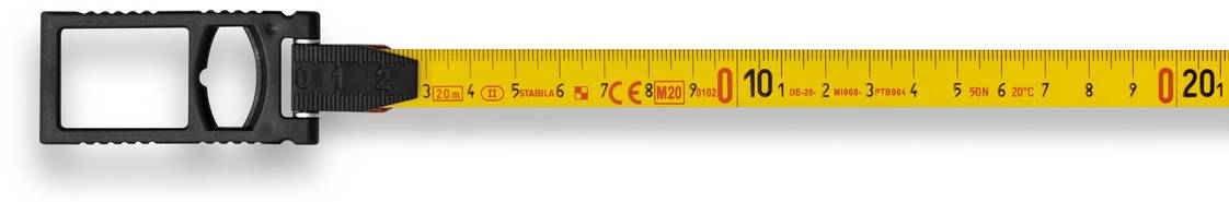 Ein schwarzes und gelbes Maßband mit einem weißen Sichtfenster zeigt 10 cm. Es ist in Zentimetern und Millimetern markiert.