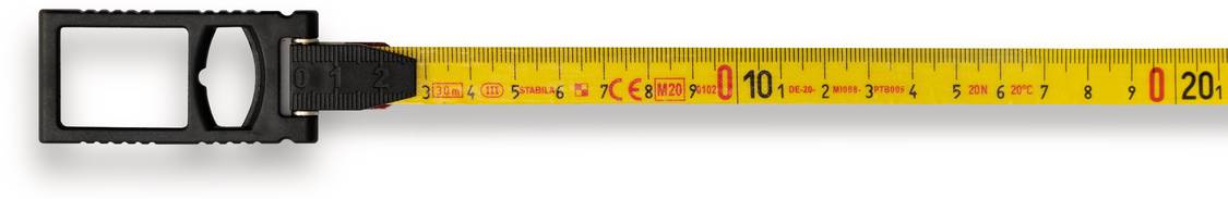 Rollbandmaß mit gelbem Band, Zentimeter- und Millimeterskalen, ausgezogen bis 20 cm. Schwarzes Gehäuse mit Sichtfenster.