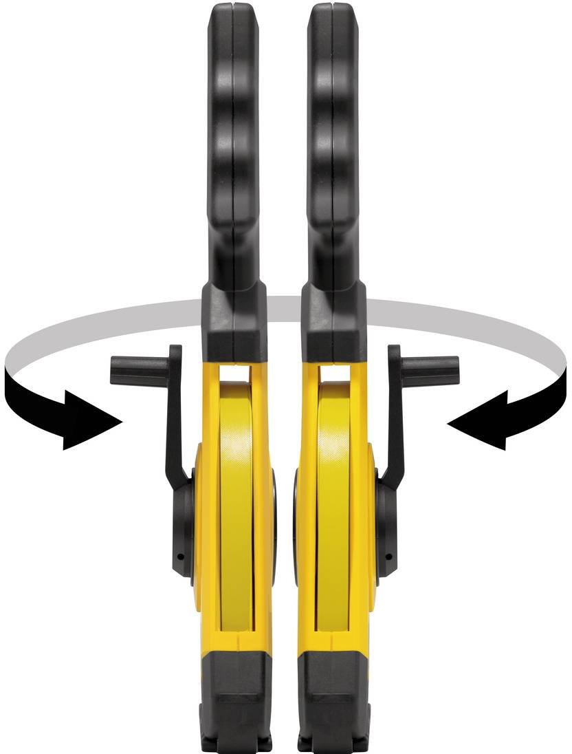 Abbildung zeigt zwei gelbe Geräte mit schwarzen Griffen, die sich synchron seitlich nach außen drehen. Pfeile verdeutlichen die Drehrichtung.