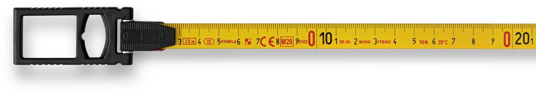 Ein ausgerolltes, gelbes Maßband zeigt Längen bis 20 cm an. Dabei sind Intervalle von Millimetern und Zentimetern markiert.