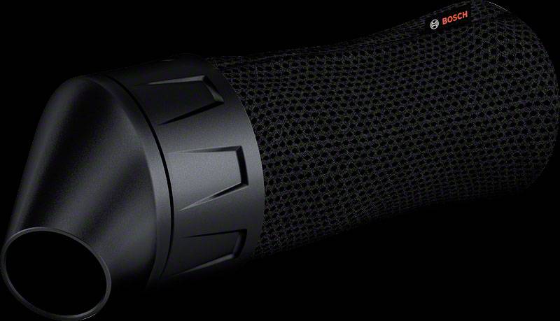 Schwarz-schwarzer, konisch geformter Luftfilter von Bosch mit grobmaschigem Gehäuse.