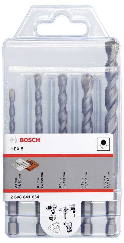 'Bosch' Bohrerset mit fünf Spiralbohrern. Geeignet für 4, 5, 6, 8, 10 mm Bohrlöcher. Verpackung zeigt Anwendungshinweise.