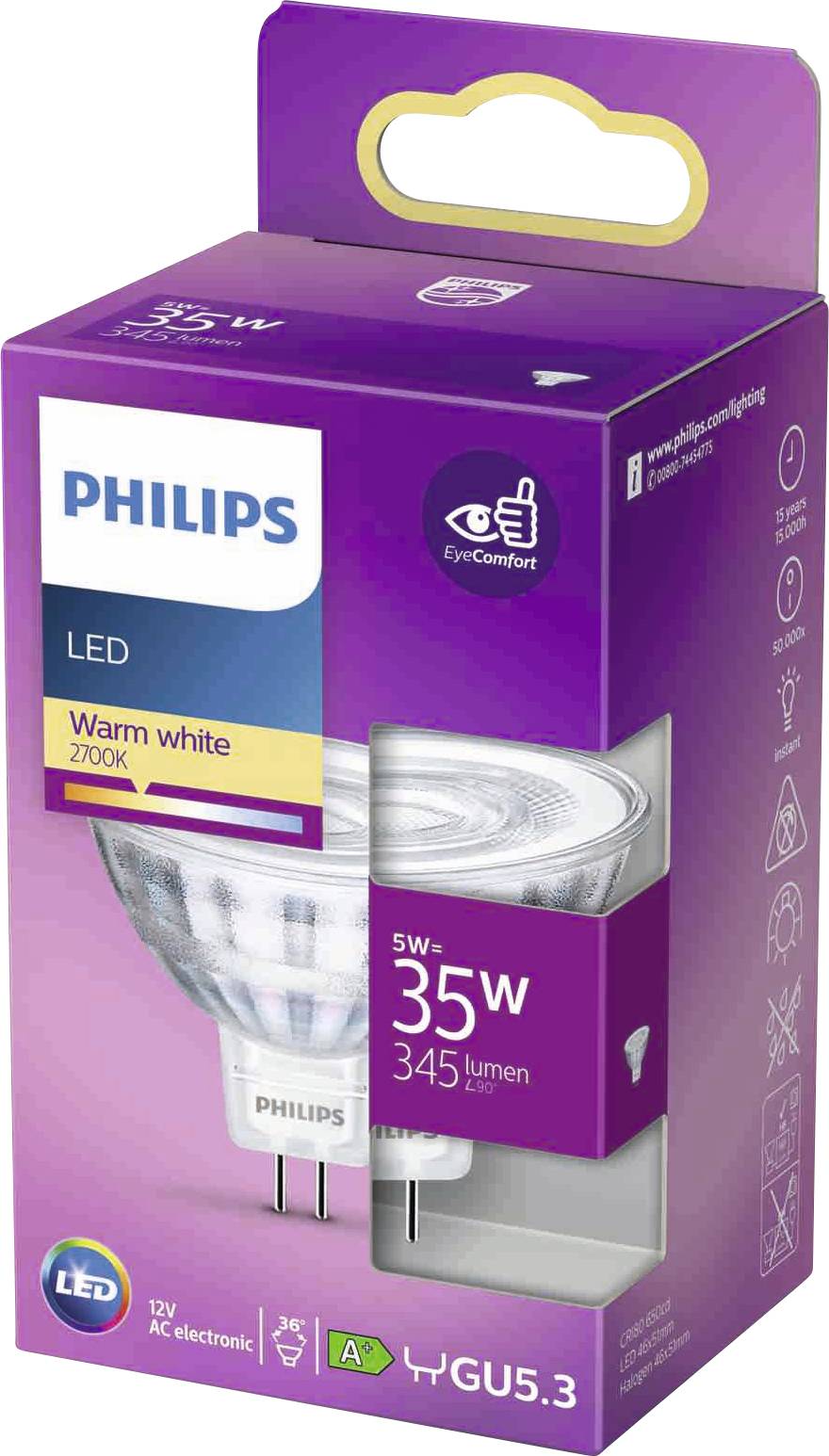 LED-Lampe von Philips mit 35 Watt, warmweißem Licht (2700K), 345 Lumen, kompatibel mit GU5.3-Fassung, Energieeffizienzklasse A.