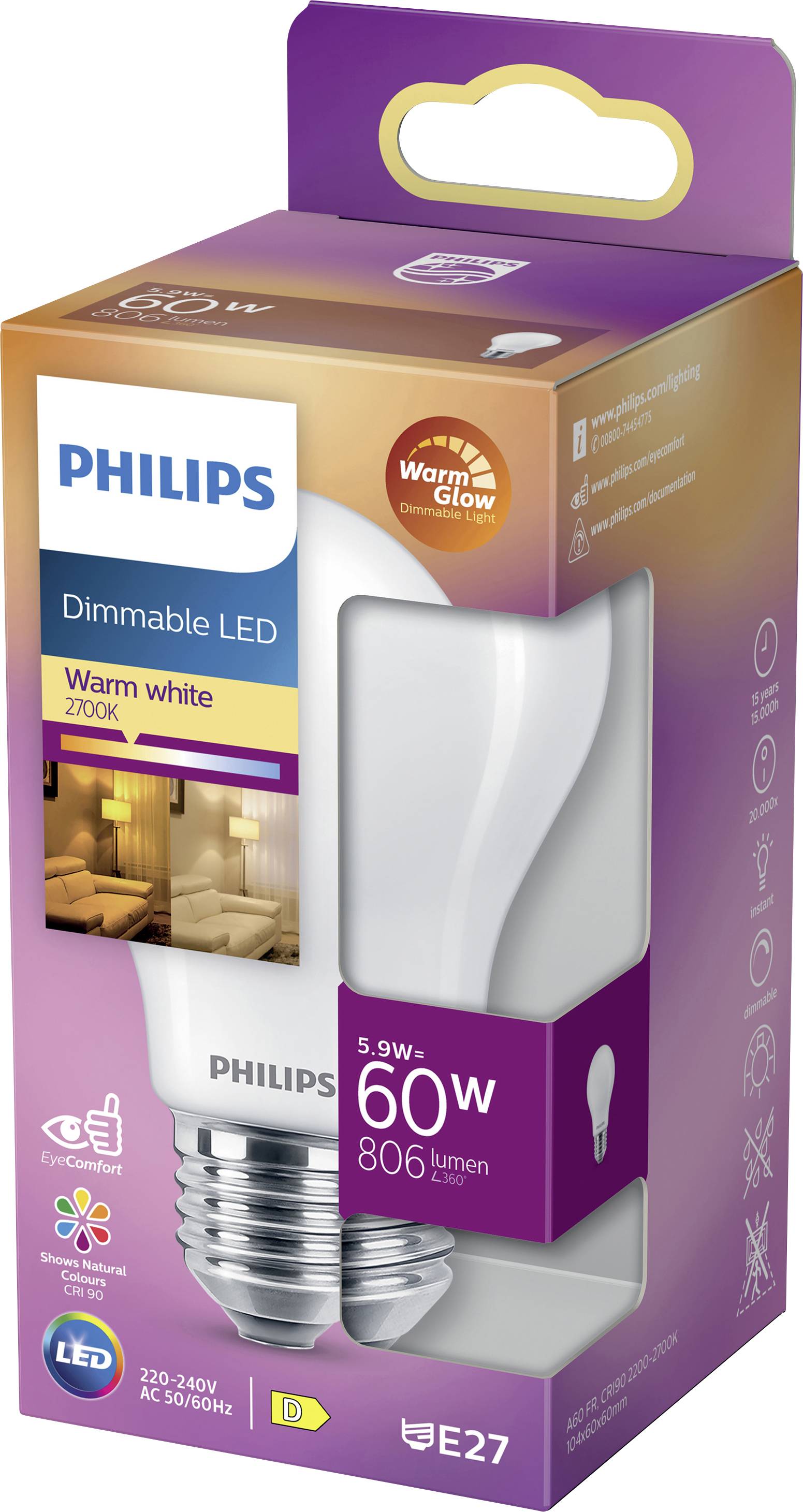 Philips dimmbare LED-Lampe, warmweiß (2700K), 5,9W, entspricht 60W, 806 Lumen, E27-Sockel, Energiesparsymbol auf Verpackung.