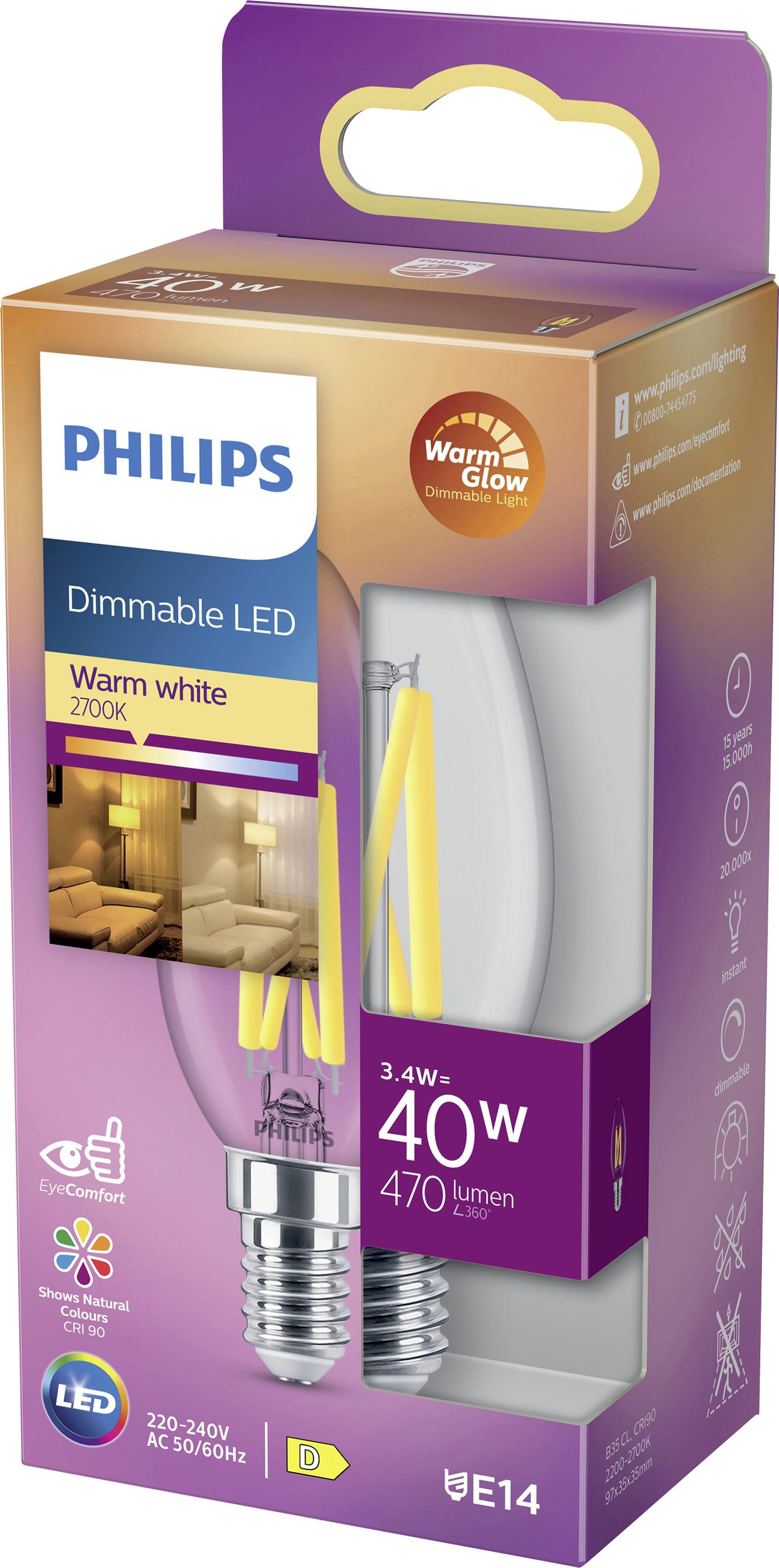 Halogen-Glühbirnenverpackung von Philips mit Angaben: 'Dimmbare LED', 'Warm white 2700K', '3,4W = 40W', 'E14', '470 Lumen'.