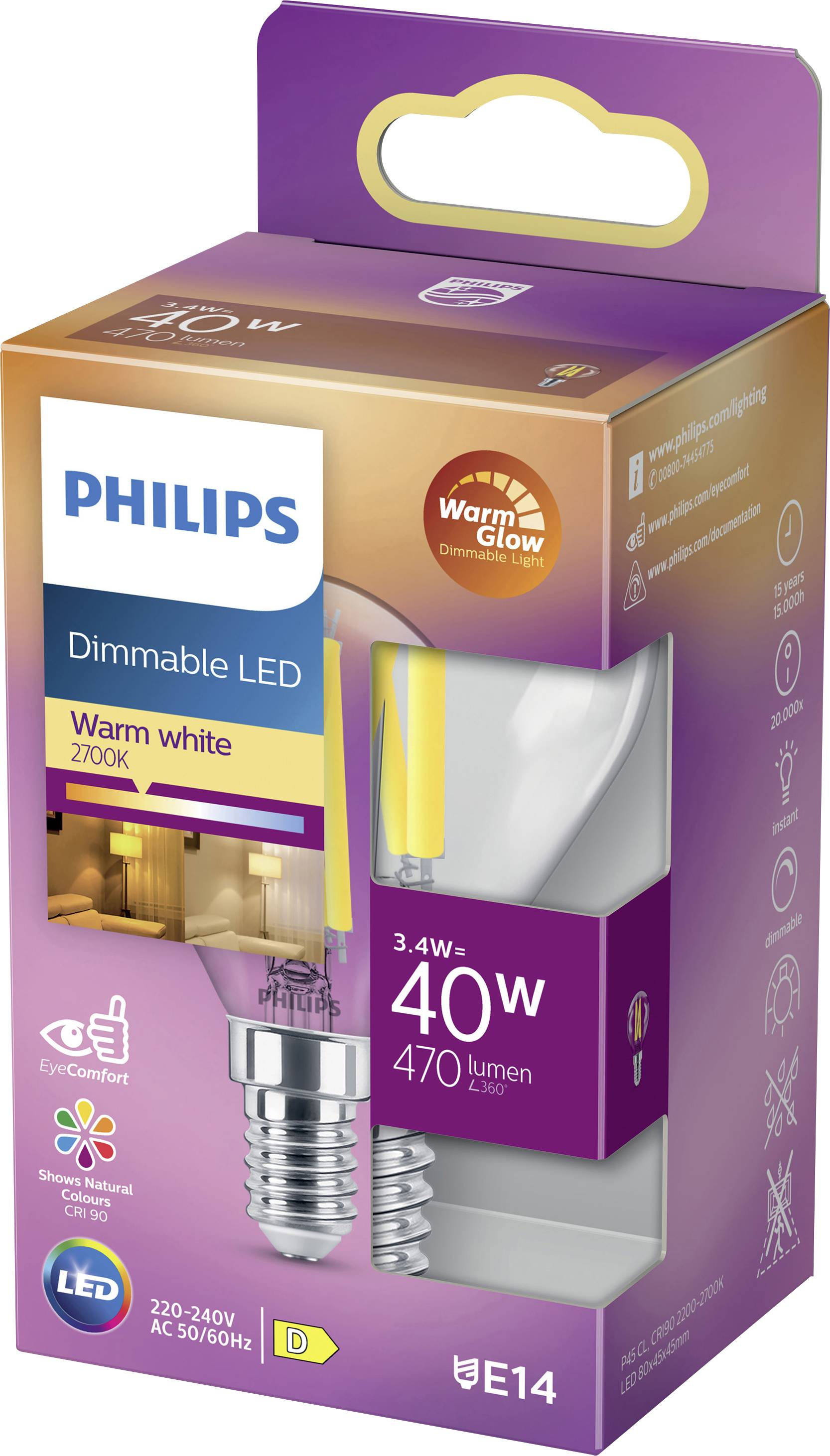 Philips LED 871951432439800 LED EEK D (A - G) E14 Tropfenform 3.4W = 40W Warmweiß (Ø x L) 45mm x 80mm 1St.