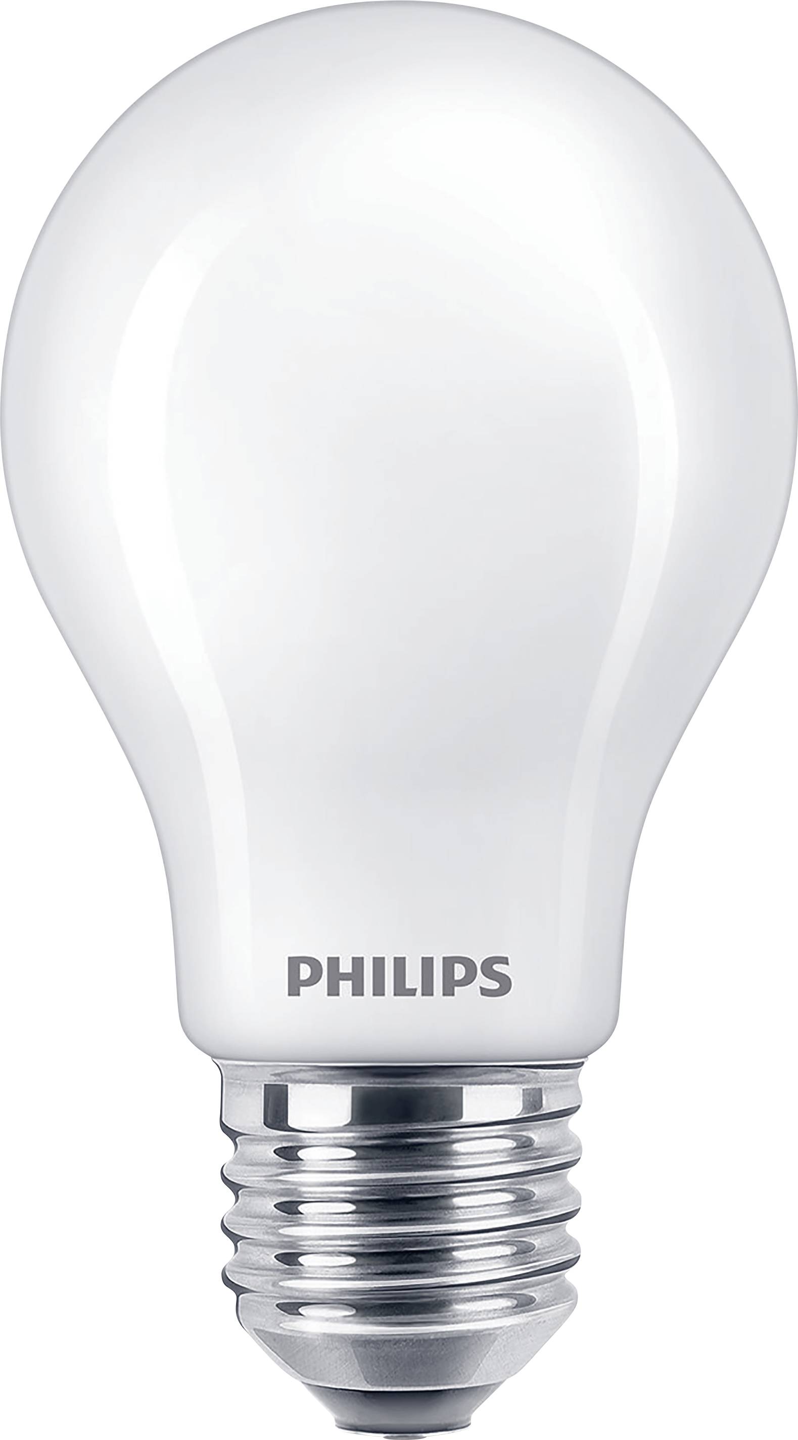 Eine weiße Glühbirne mit der Aufschrift 'Philips' auf dem Sockel.