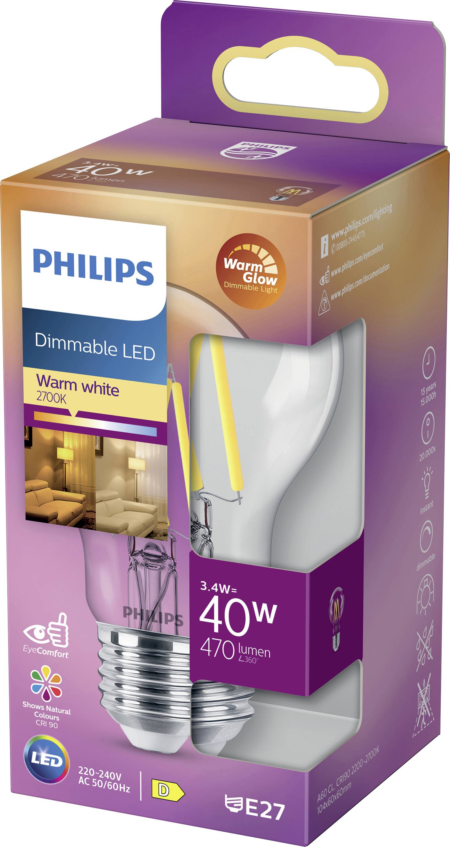 Philips dimmbare LED-Lampe, warmweißes Licht, 40W, 470 Lumen, E27-Sockel. Verpackung zeigt ein Zimmer im warmen Lichtton.