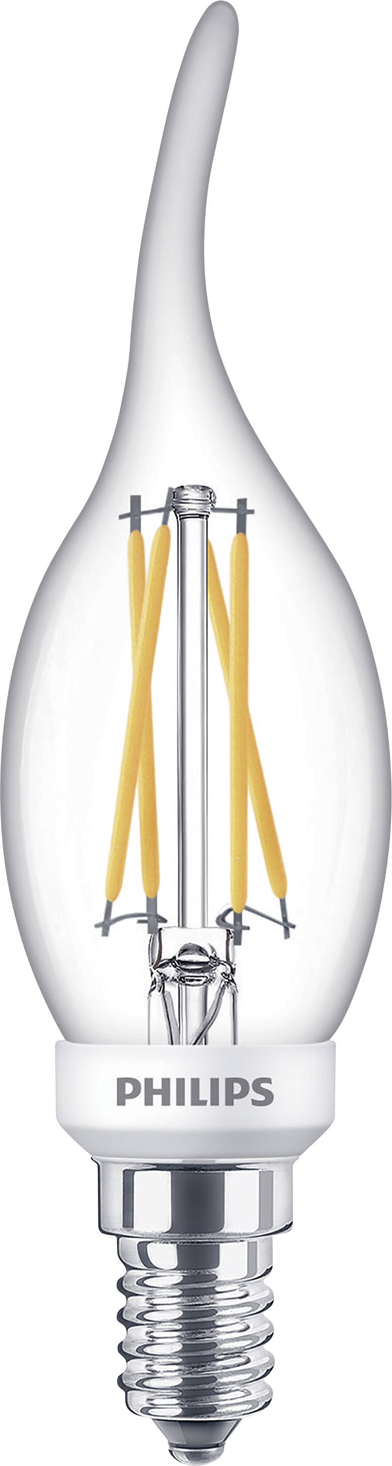 LED-Kerzenlampe in Flammenform von Philips mit klarer Glasabdeckung. Sie hat ein E14-Schraubgewinde und zeigt innen liegende Filamente.