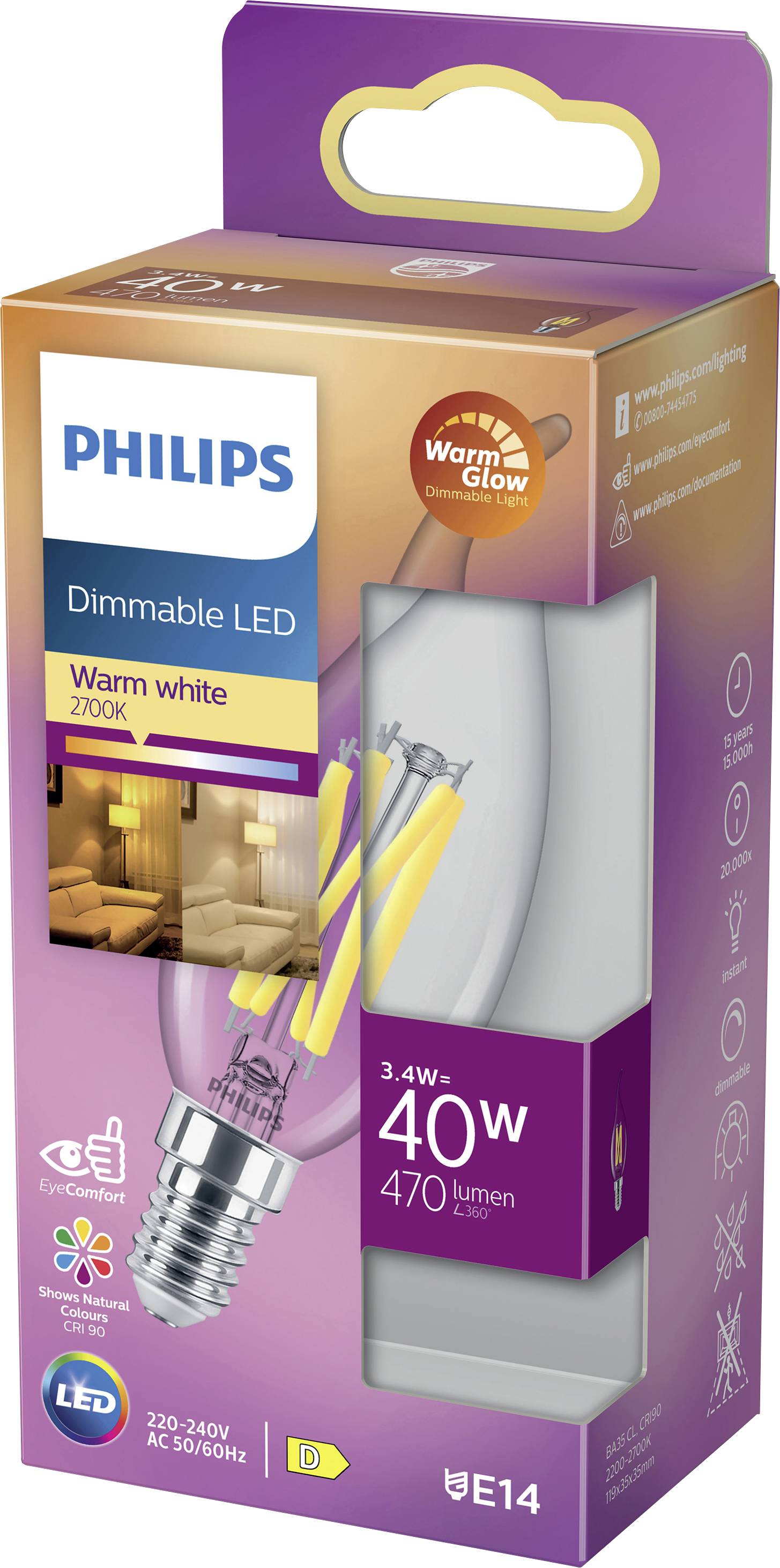 Philips dimmbare LED-Glühbirne, E14, 3,4W, 40W-Ersatz, warmweiß 2700K, 470 Lumen. Energieeffizient und für gemütliche Beleuchtung geeignet.