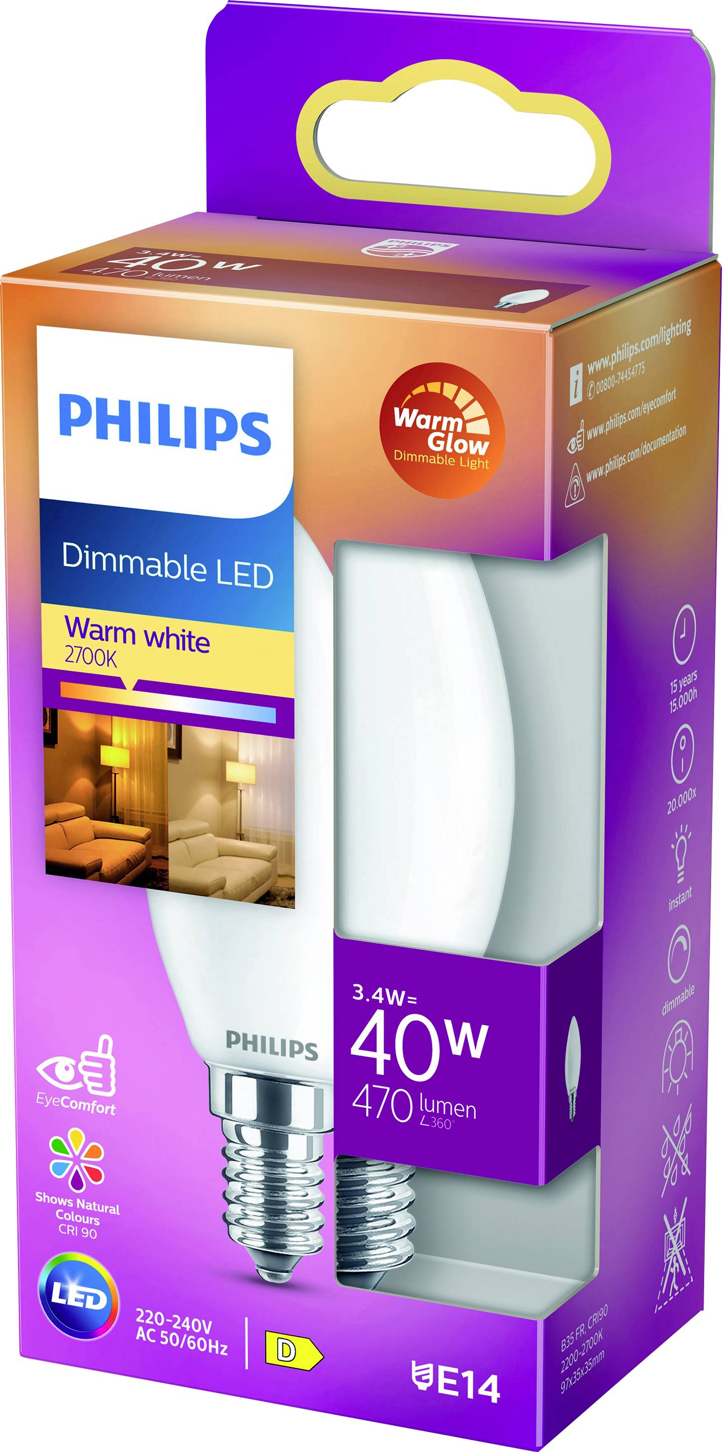Verpackung einer dimmbaren LED-Glühbirne von Philips mit warmweißem Licht (2700K), 3,4 W, entspricht 40 W, 470 Lumen, Sockel E14.
