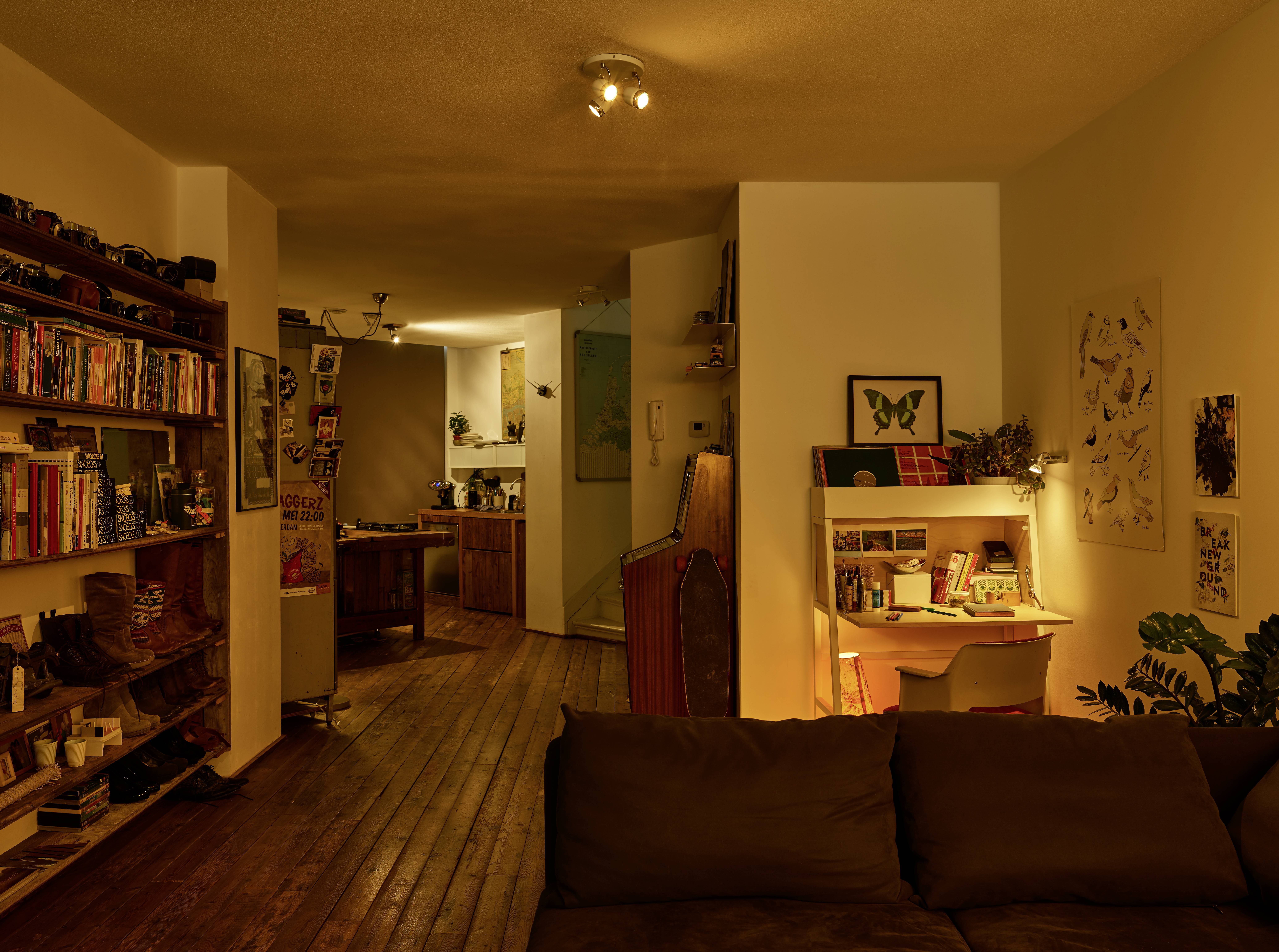 Ein gemütliches Wohnzimmer mit Holzfußboden und Bücherregalen. Im Hintergrund ist eine Küche. Eine Schreibtischecke mit Lampe ist rechts sichtbar.