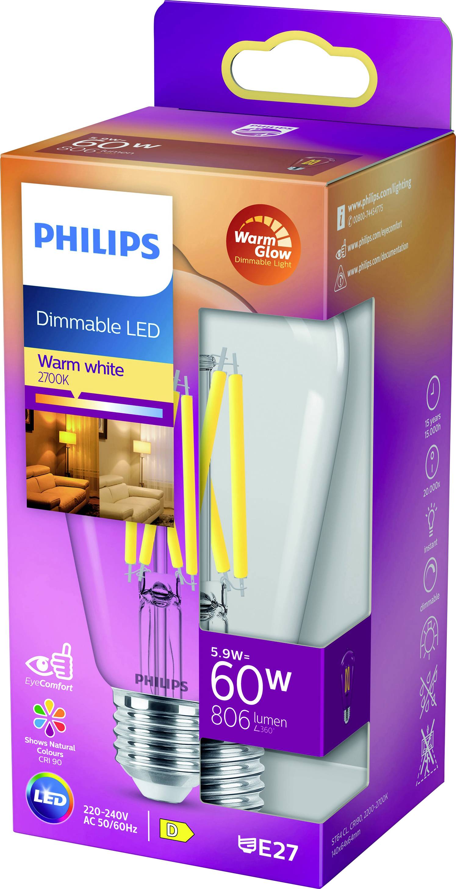 Glühbirnenverpackung für 'Philips Dimmable LED WarmGlow', 5,9W-60W, E27, 806 Lumen, warmweiß 2700K. Bild eines Wohnzimmers aufgedruckt.