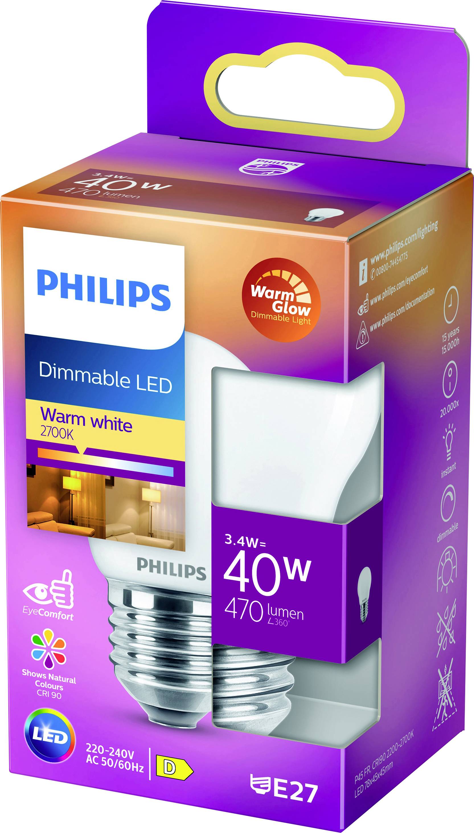 Philips LED 871951432449700 LED EEK D (A - G) E27 Tropfenform 3.4 W = 40 W Warmweiß (Ø x L) 45 mm x